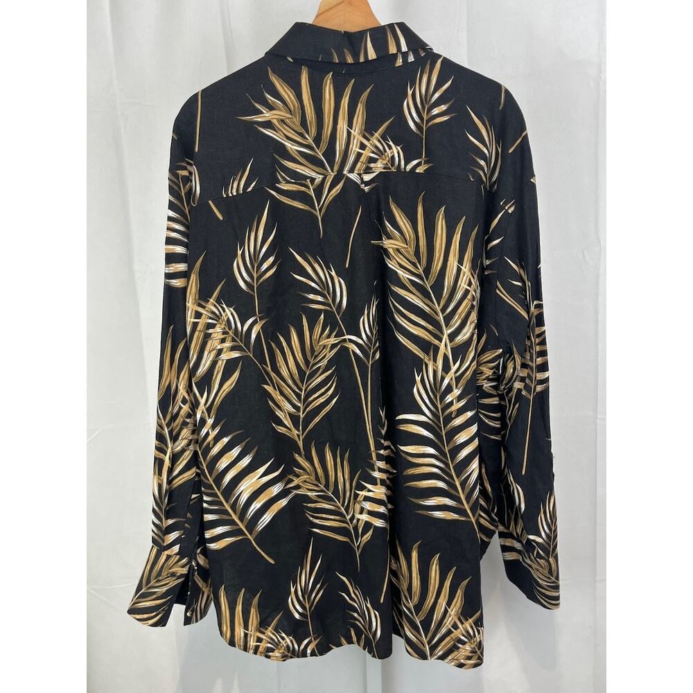 JOIE XL Leaf Print Button Up Long Sleeve Tunic Shirt Linen Blend Black Brown - Picture 2 of 11